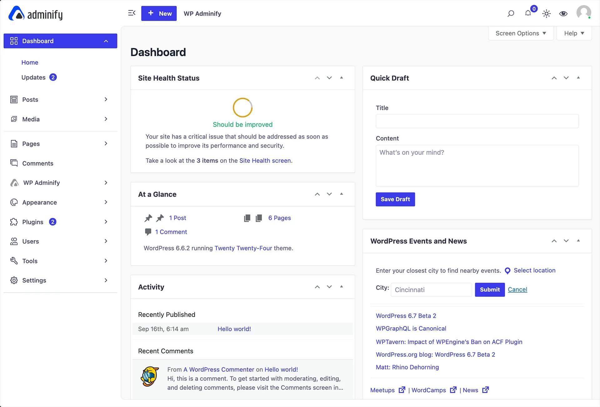 WordPress Dashboard with WP Adminify